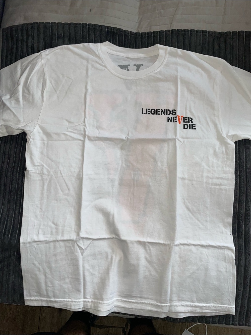 VLONE White Tee with Black and Orange 'Legends Never Die' Print